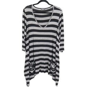 Cha Cha Vente Striped Tunic Women L Black Lagenlook Boho Grunge Indie Flowy Alt